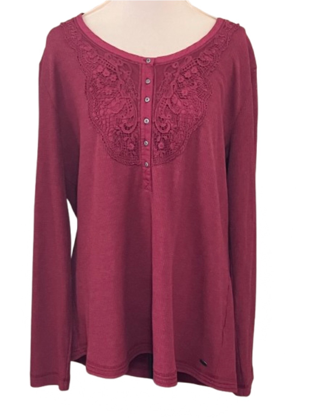 Bob Timberlake XXL Pullover Crochet Lace Yoke L. Sleeve Knit Henley Top Burgundy